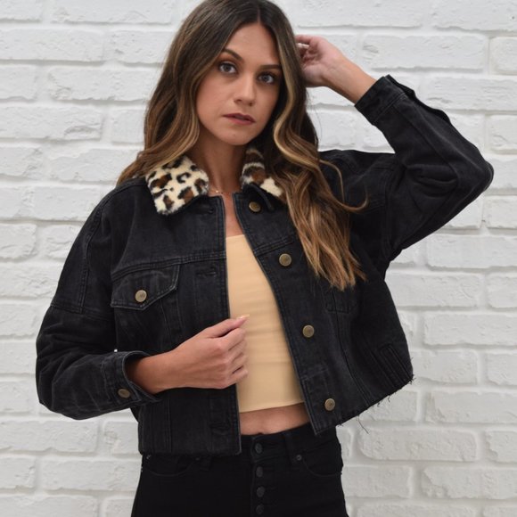 Denim Bomber Oversized Jacket Cheetah Collar NWT - Picture 1 of 3